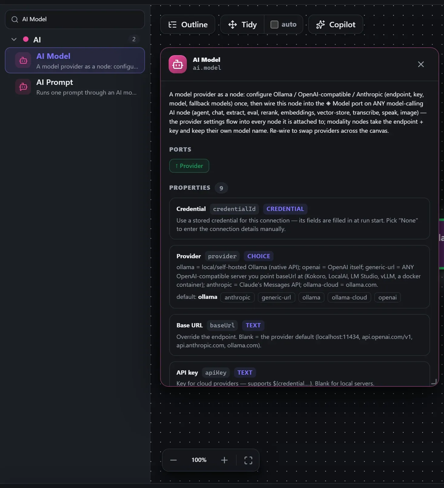 AI Model in the node library, with the in-editor docs panel open