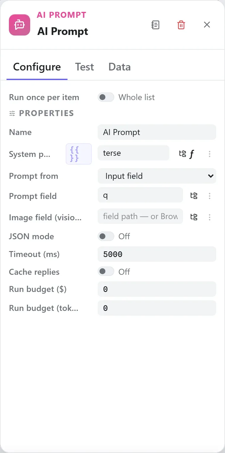 The AI Prompt node's settings in the Studio builder