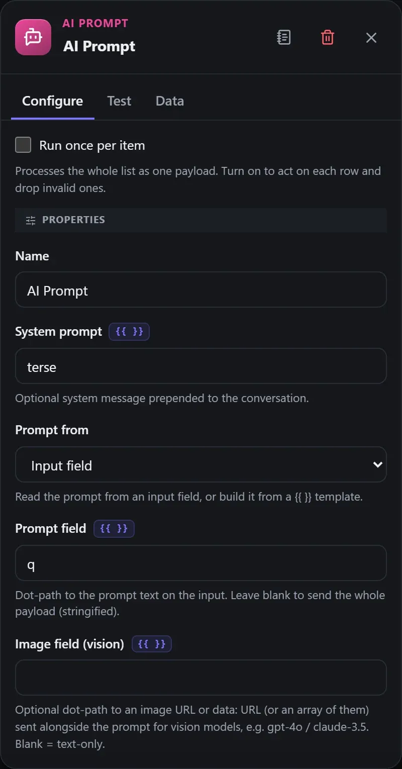 The AI Prompt node's Configure panel in the Studio builder