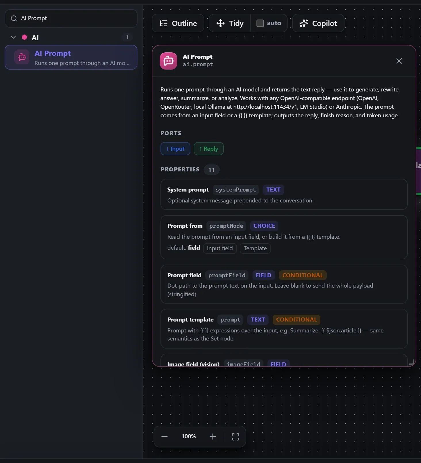 AI Prompt in the node library, with the in-editor docs panel open
