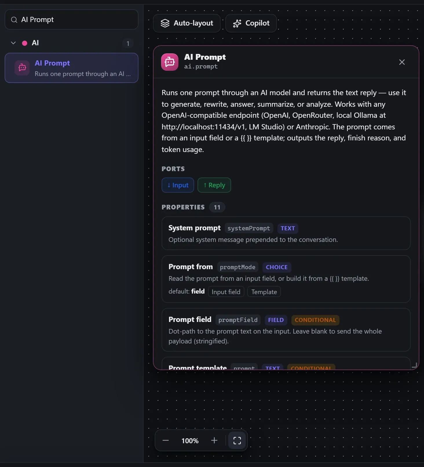 AI Prompt in the node library, with the in-editor docs panel open