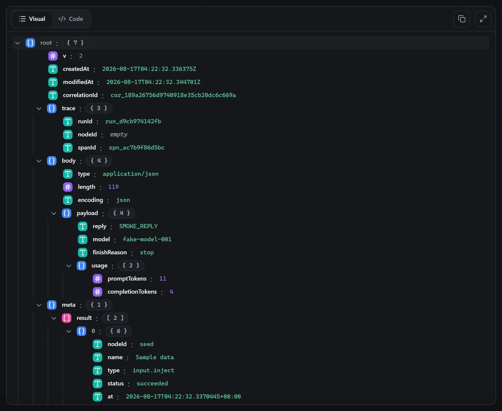 The AI Prompt node's output envelope in the run data viewer
