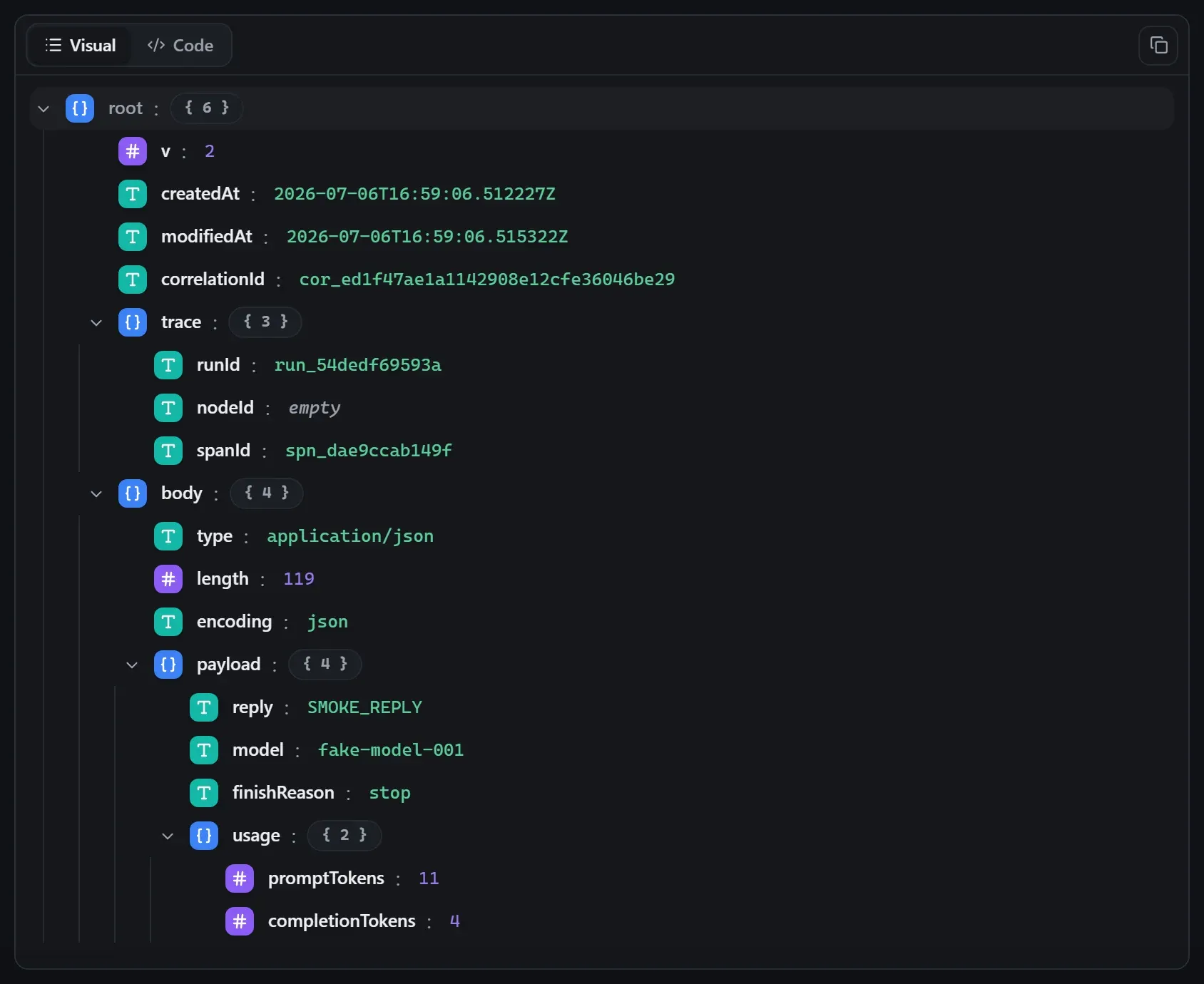 The AI Prompt node's output envelope in the run data viewer