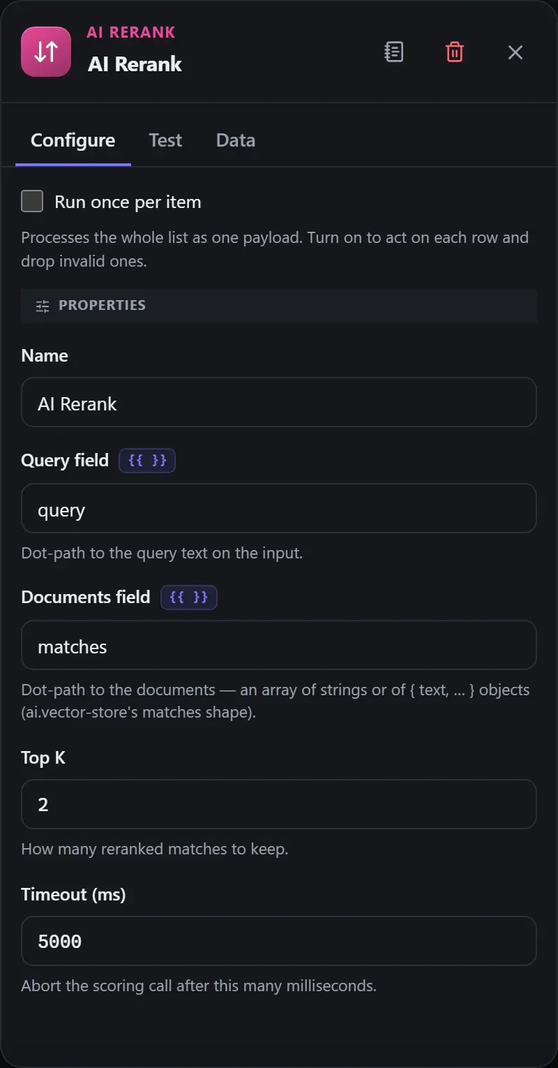 The AI Rerank node's Configure panel in the Studio builder