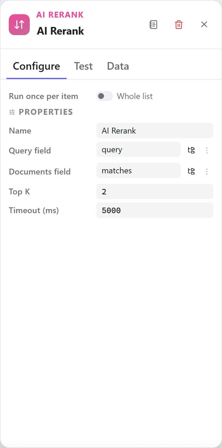 The AI Rerank node's settings in the Studio builder