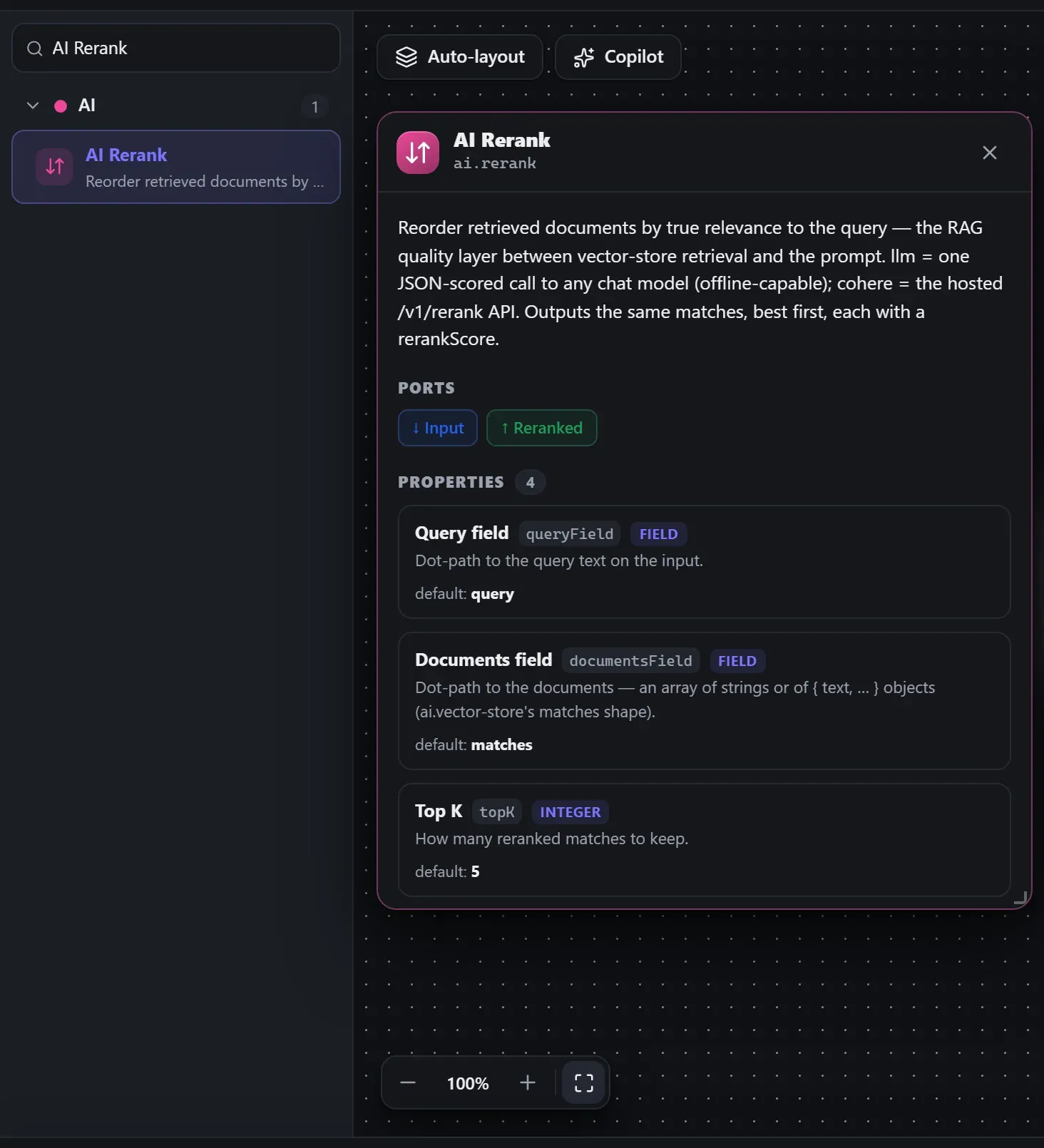 AI Rerank in the node library, with the in-editor docs panel open