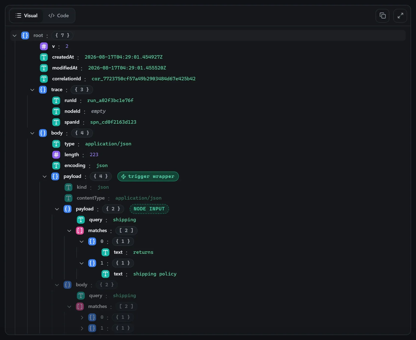 The AI Rerank node's input envelope in the run data viewer