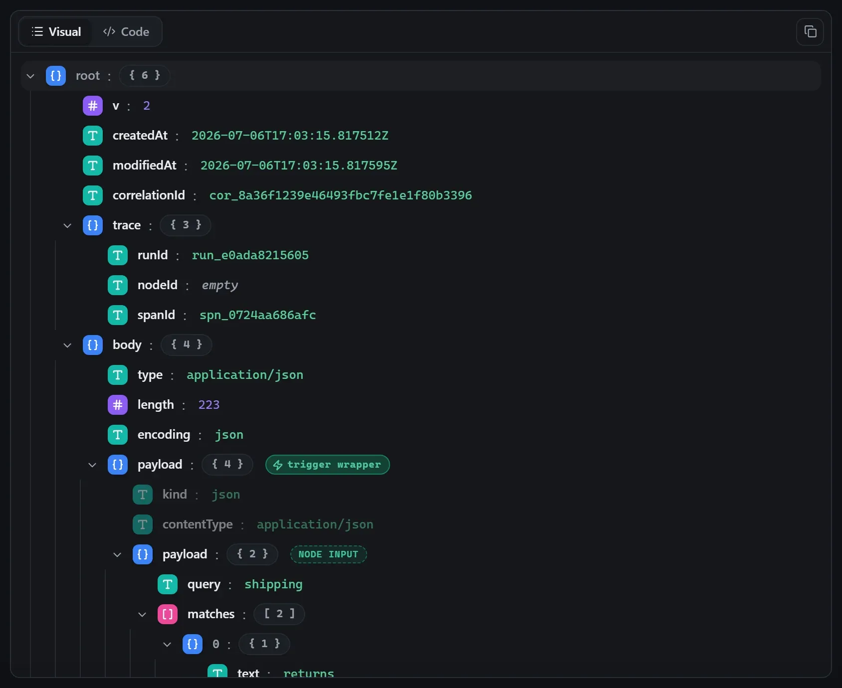 The AI Rerank node's input envelope in the run data viewer