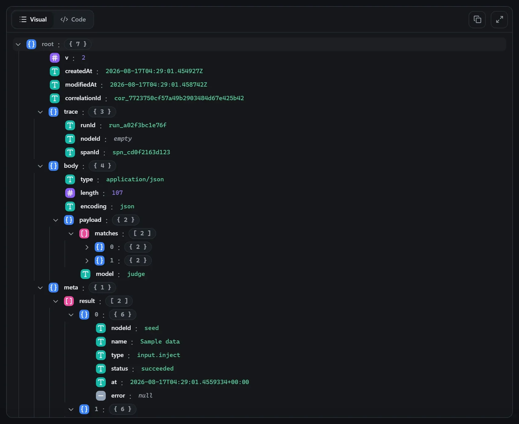 The AI Rerank node's output envelope in the run data viewer