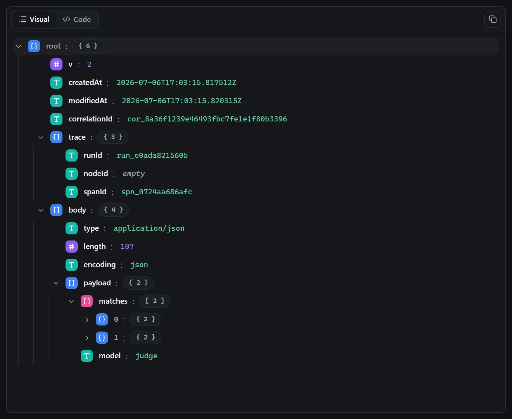 The AI Rerank node's output envelope in the run data viewer