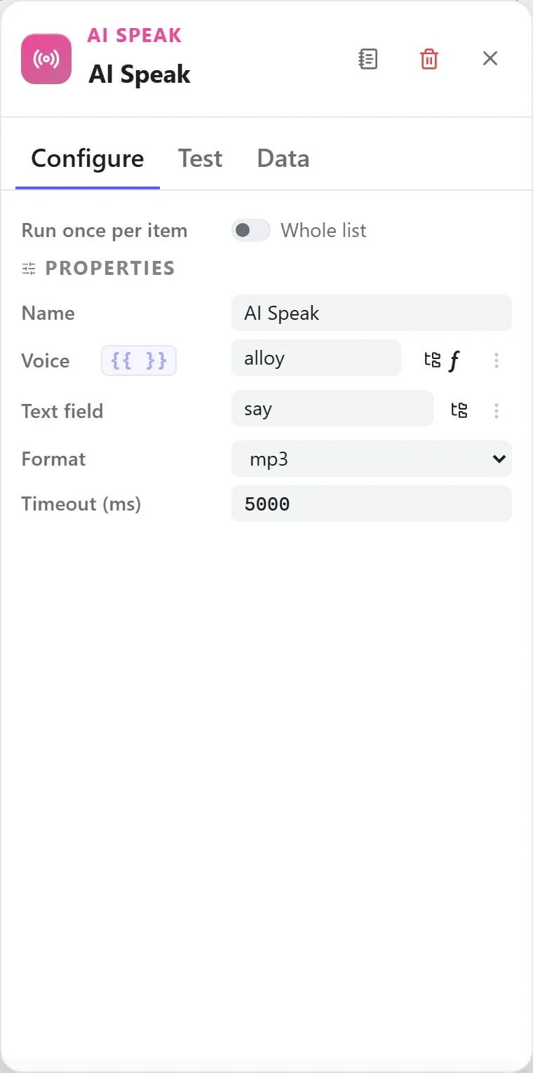 The AI Speak node's settings in the Studio builder