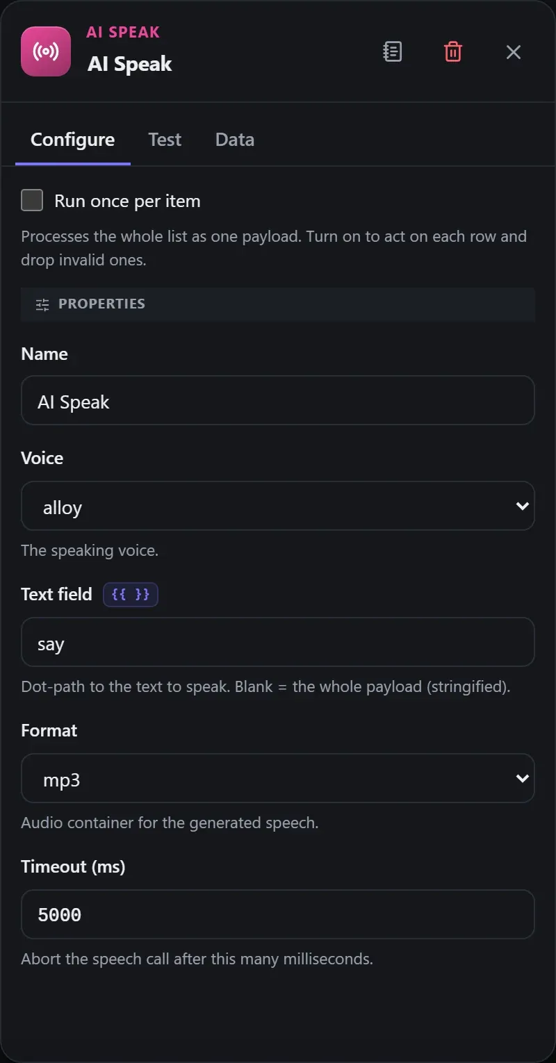 The AI Speak node's Configure panel in the Studio builder