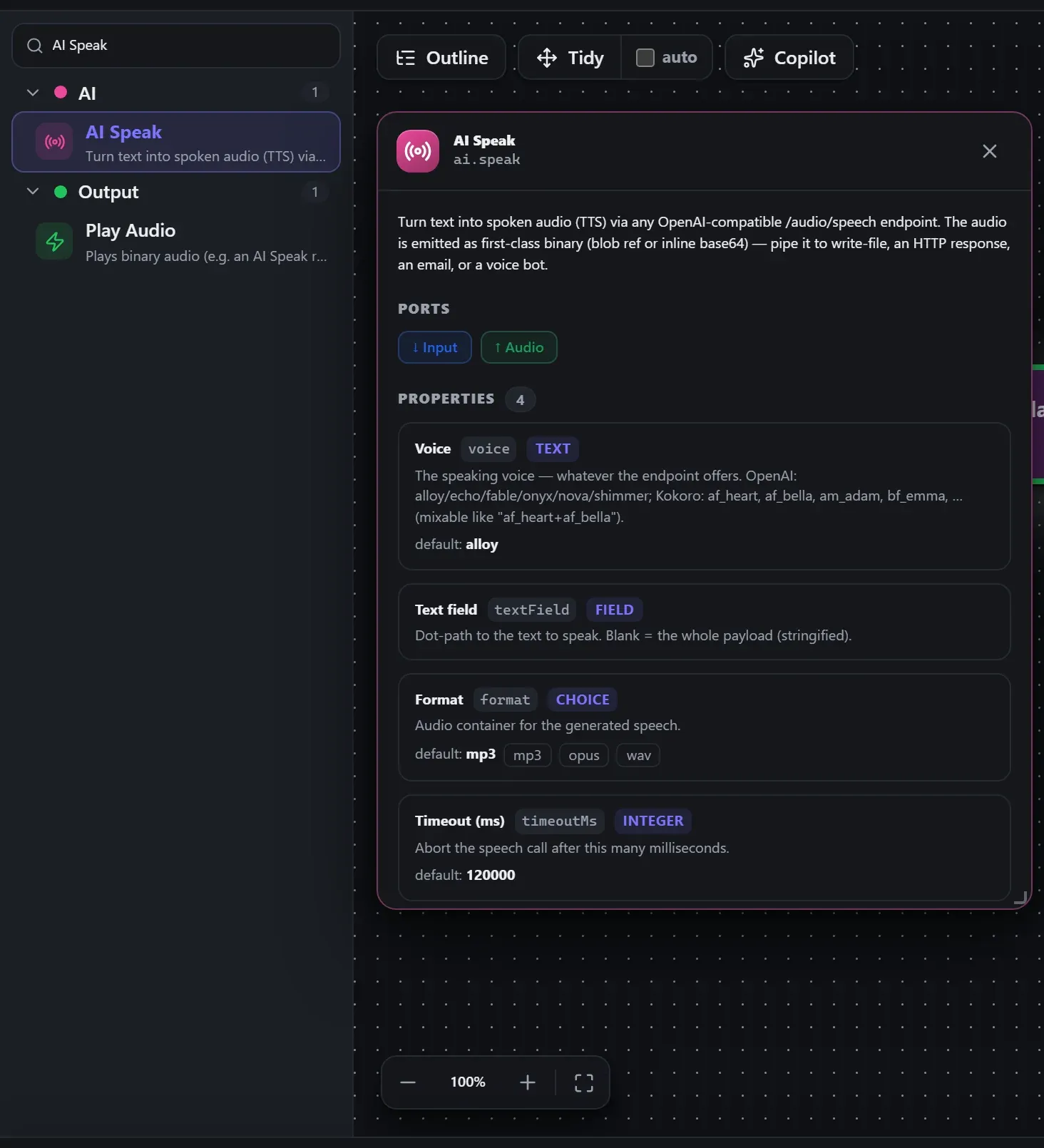 AI Speak in the node library, with the in-editor docs panel open