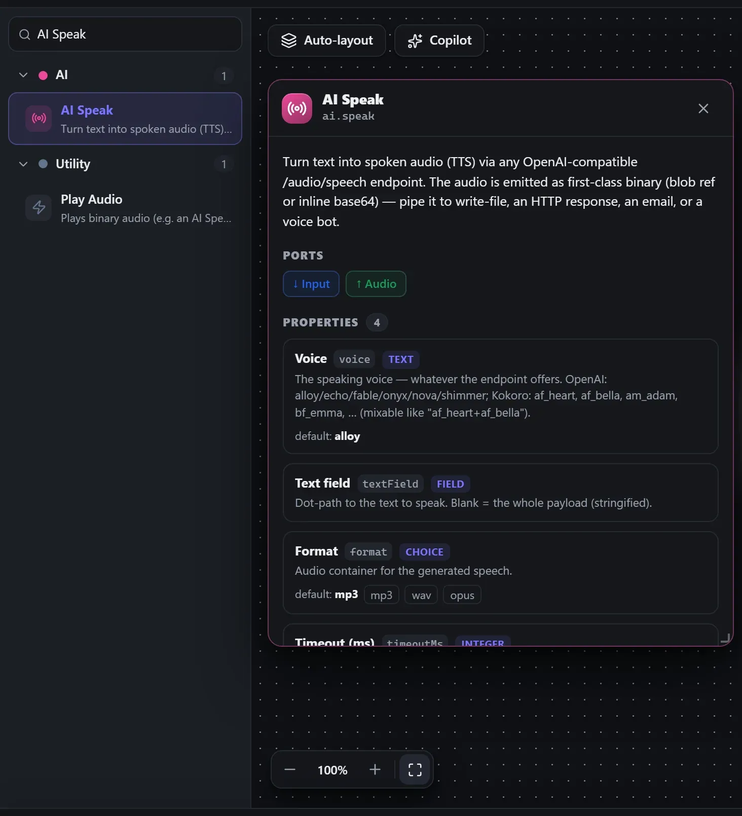 AI Speak in the node library, with the in-editor docs panel open