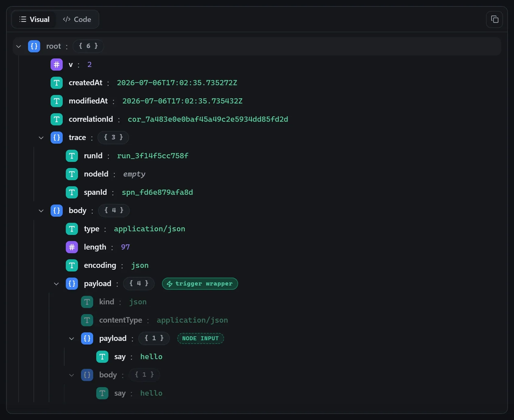 The AI Speak node's input envelope in the run data viewer