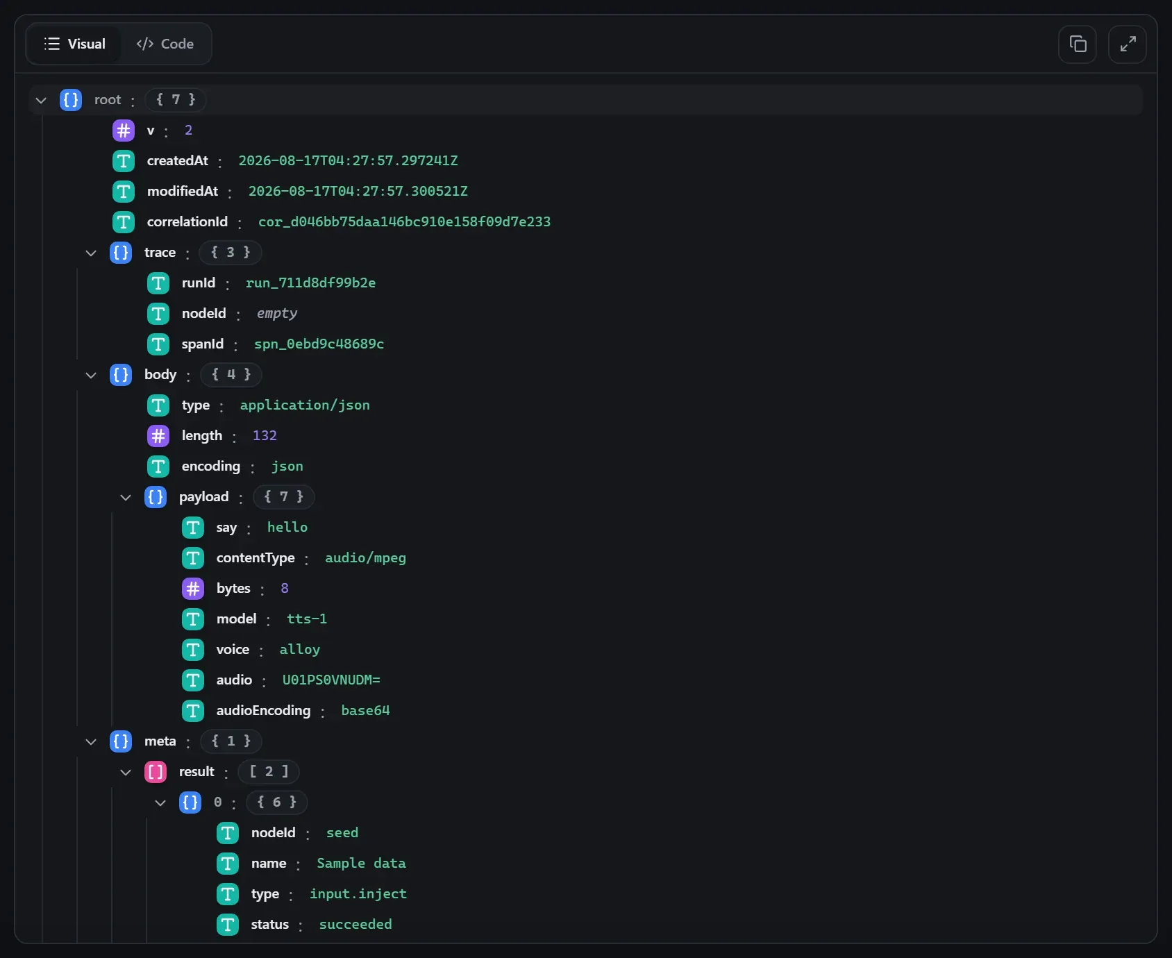 The AI Speak node's output envelope in the run data viewer