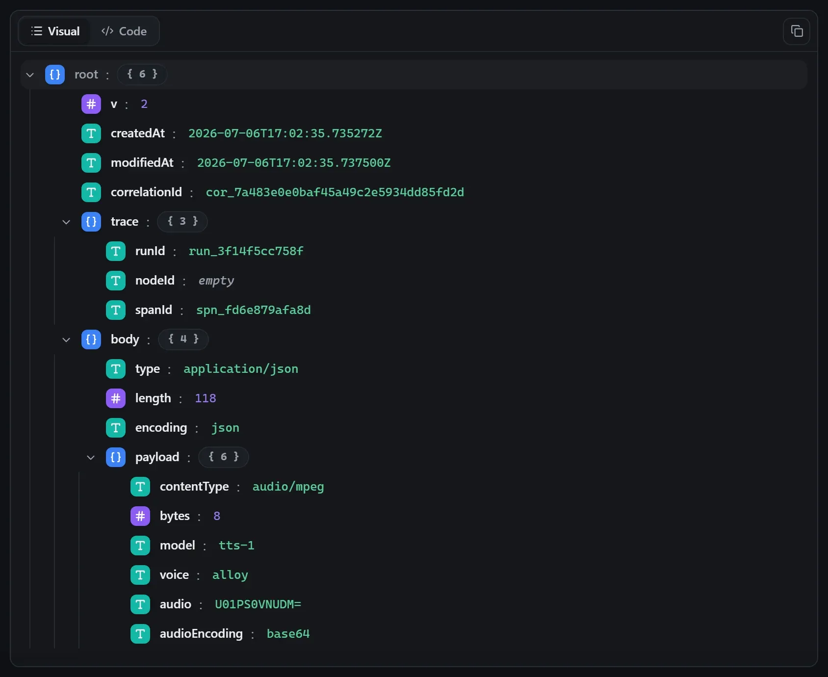 The AI Speak node's output envelope in the run data viewer