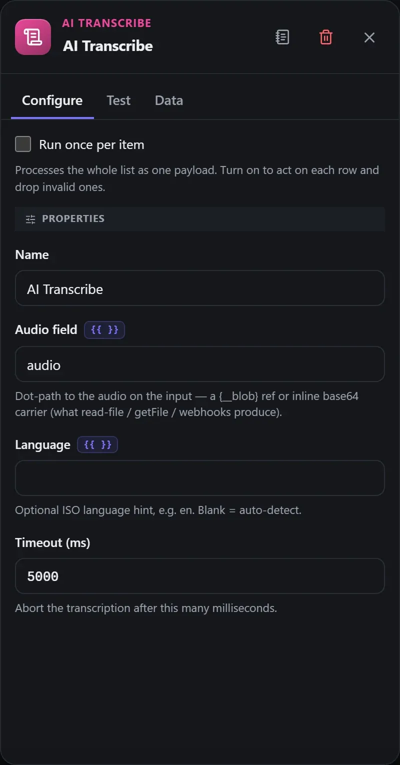 The AI Transcribe node's Configure panel in the Studio builder