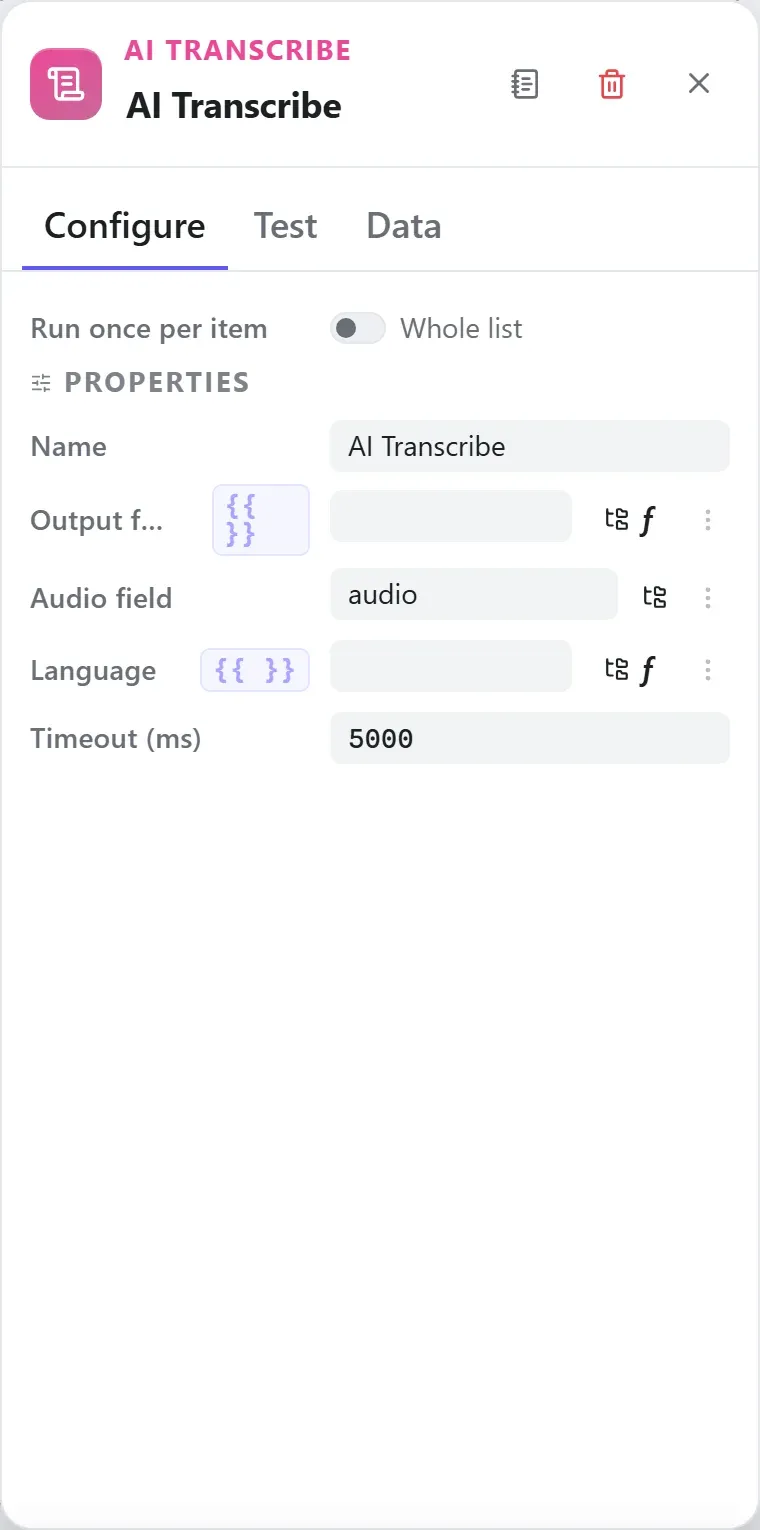 The AI Transcribe node's settings in the Studio builder