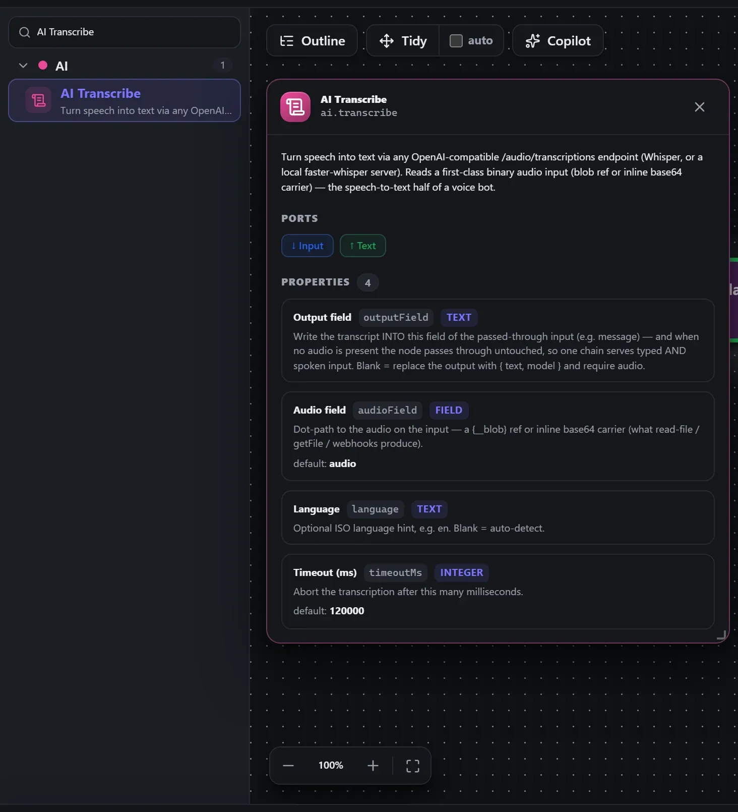 AI Transcribe in the node library, with the in-editor docs panel open