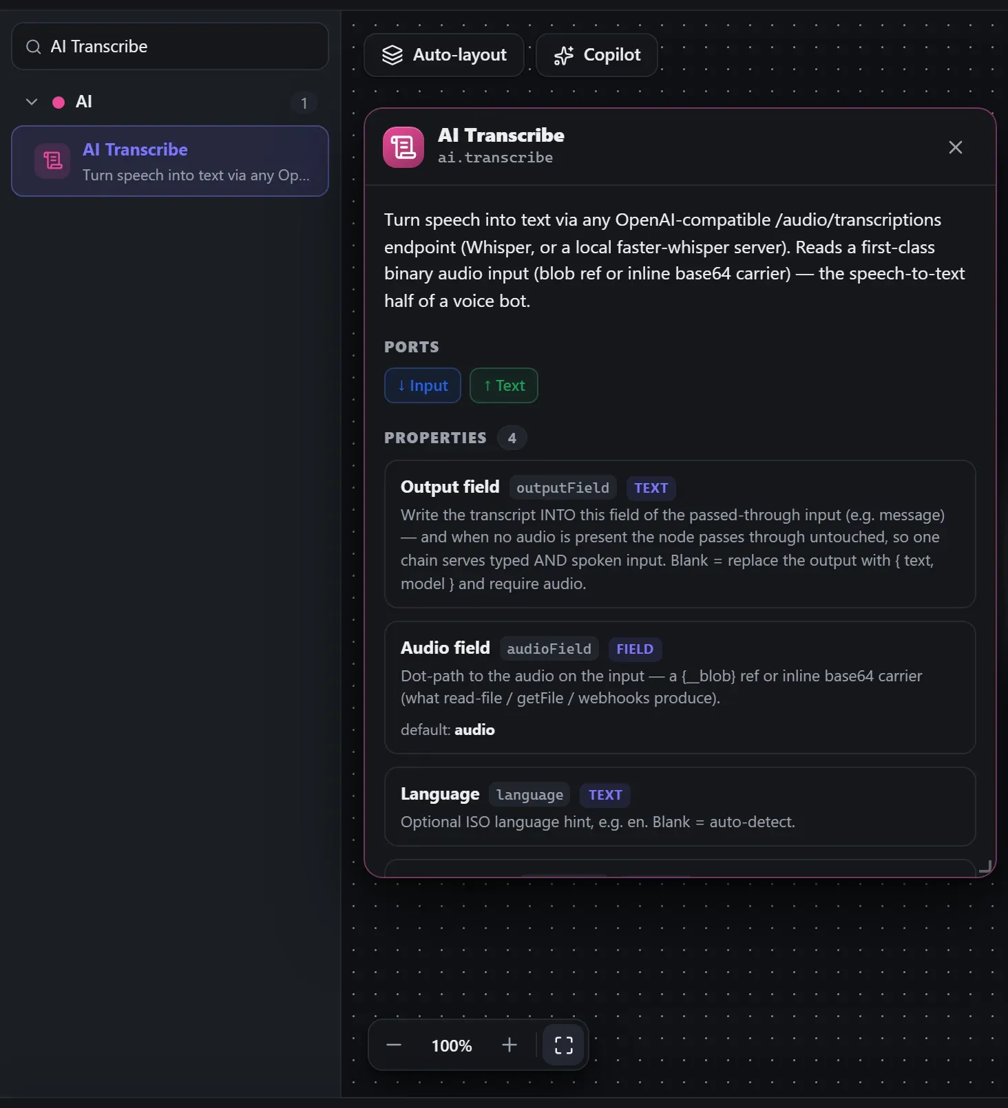 AI Transcribe in the node library, with the in-editor docs panel open