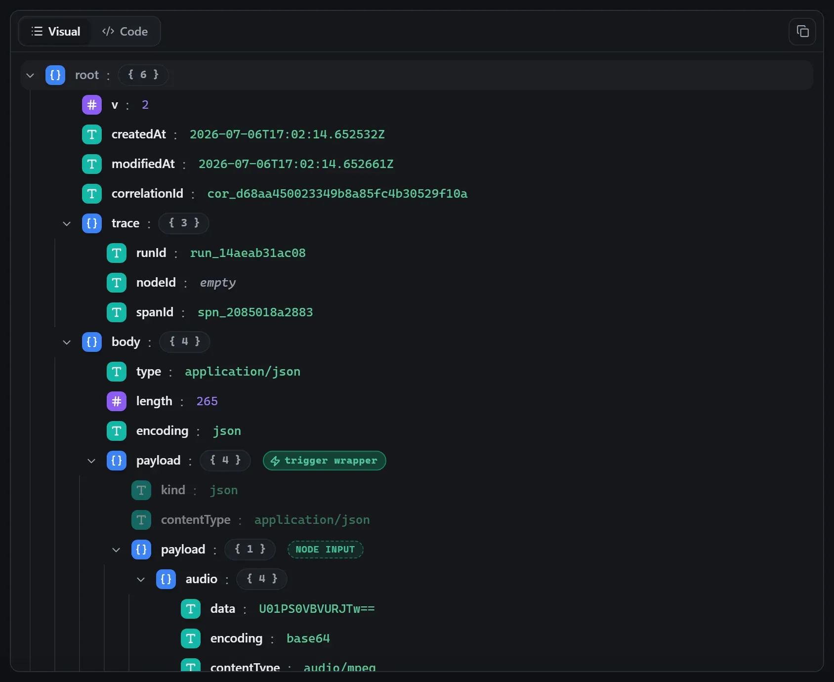 The AI Transcribe node's input envelope in the run data viewer