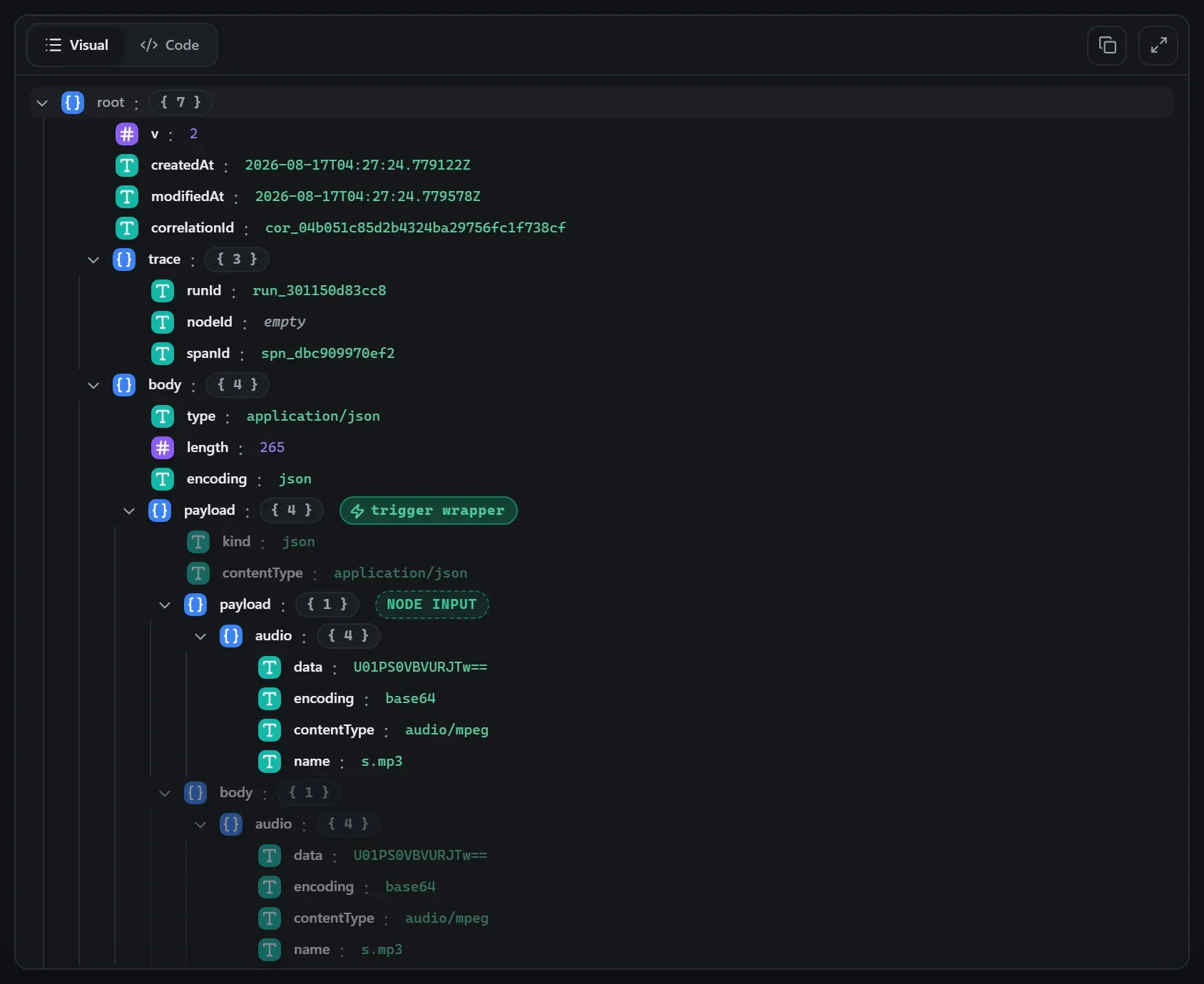 The AI Transcribe node's input envelope in the run data viewer
