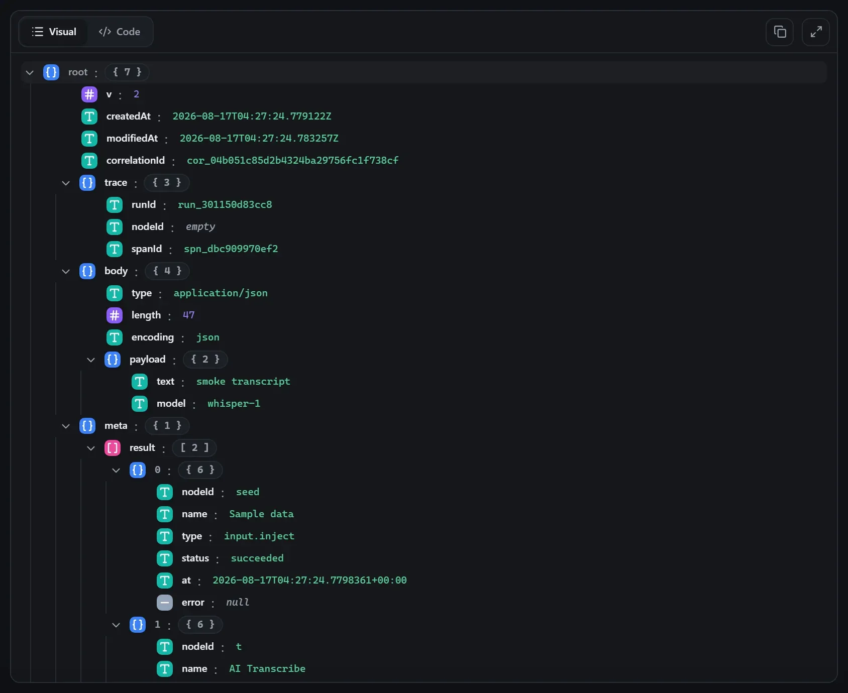 The AI Transcribe node's output envelope in the run data viewer