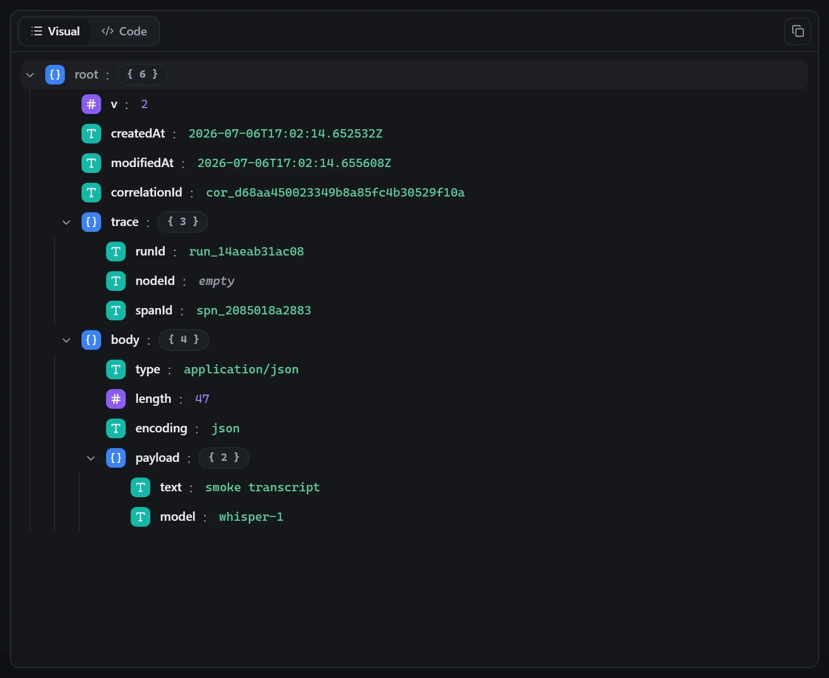 The AI Transcribe node's output envelope in the run data viewer