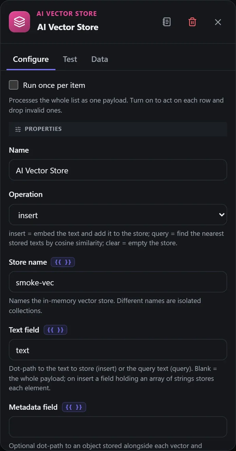 The AI Vector Store node's Configure panel in the Studio builder