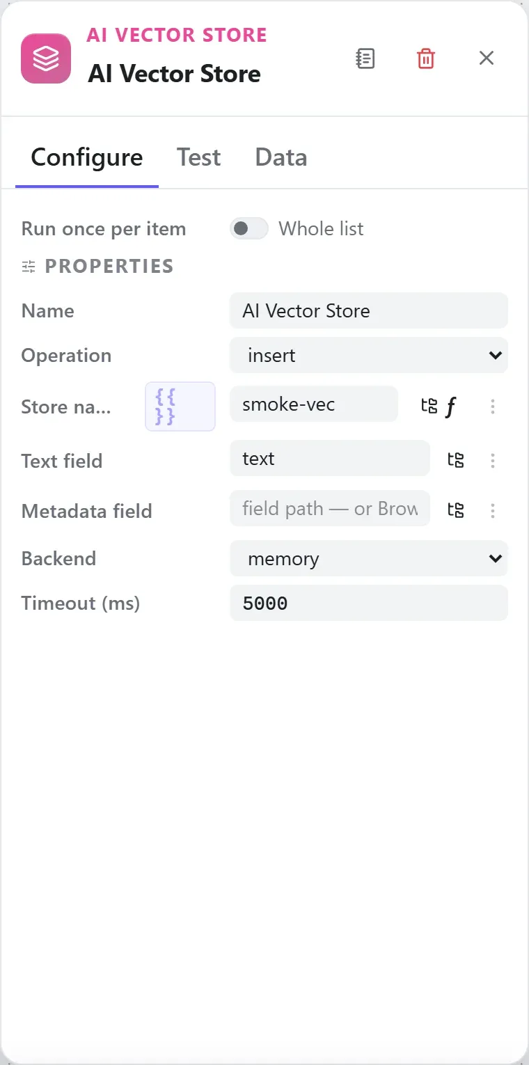 The AI Vector Store node's settings in the Studio builder