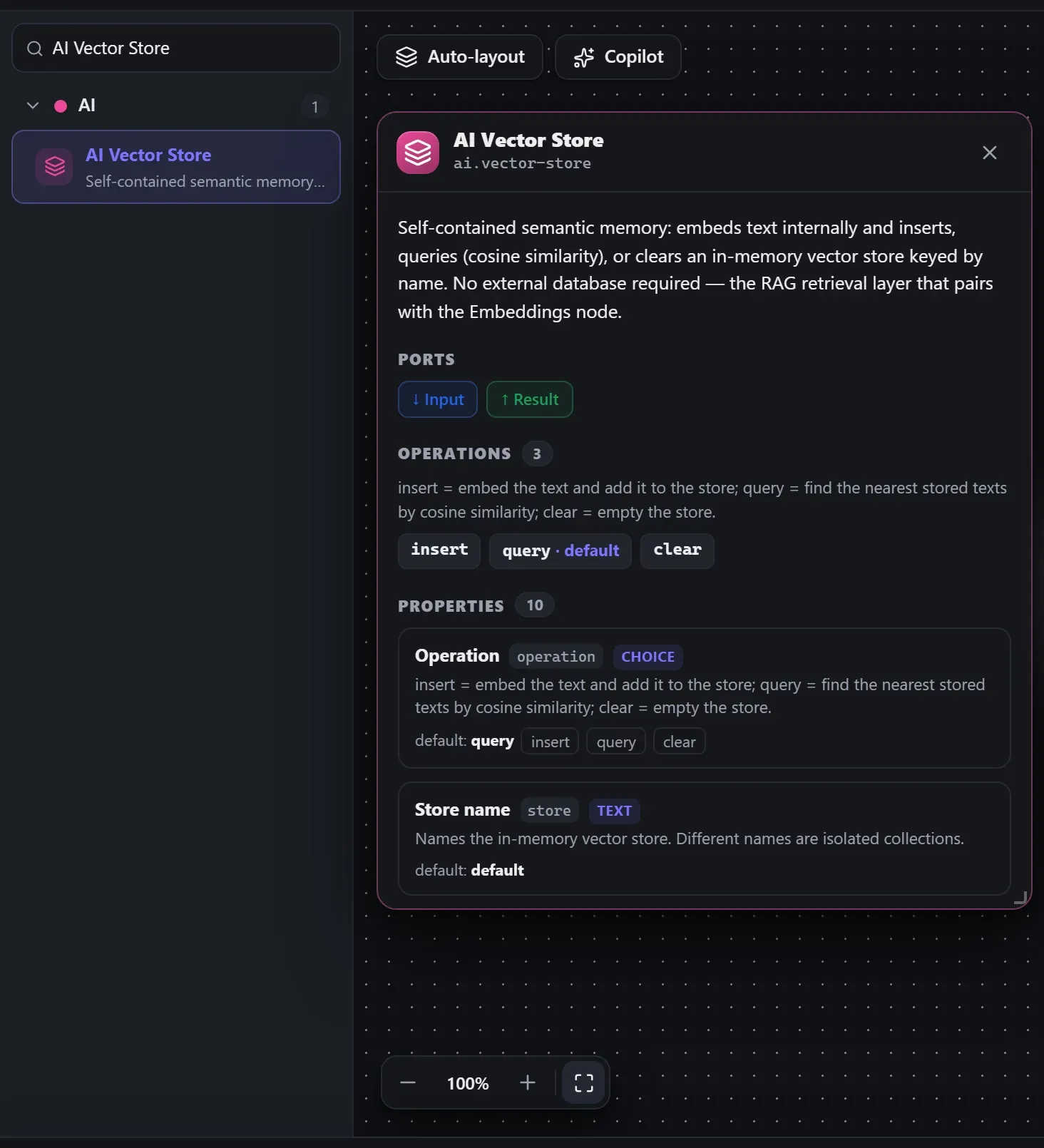 AI Vector Store in the node library, with the in-editor docs panel open