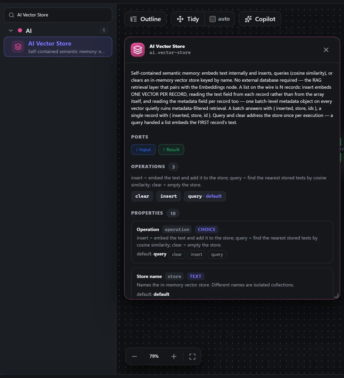 AI Vector Store in the node library, with the in-editor docs panel open