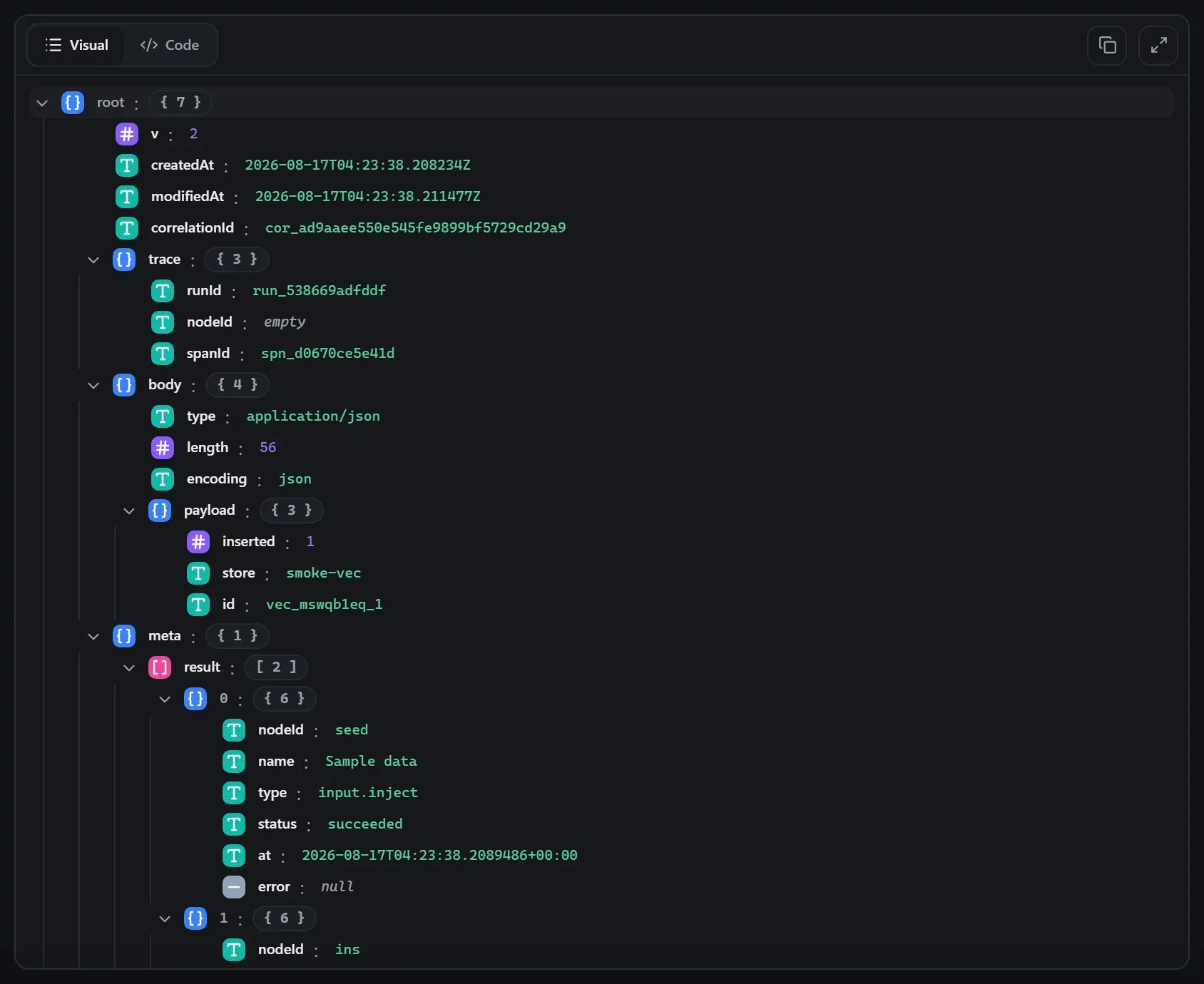 The AI Vector Store node's input envelope in the run data viewer