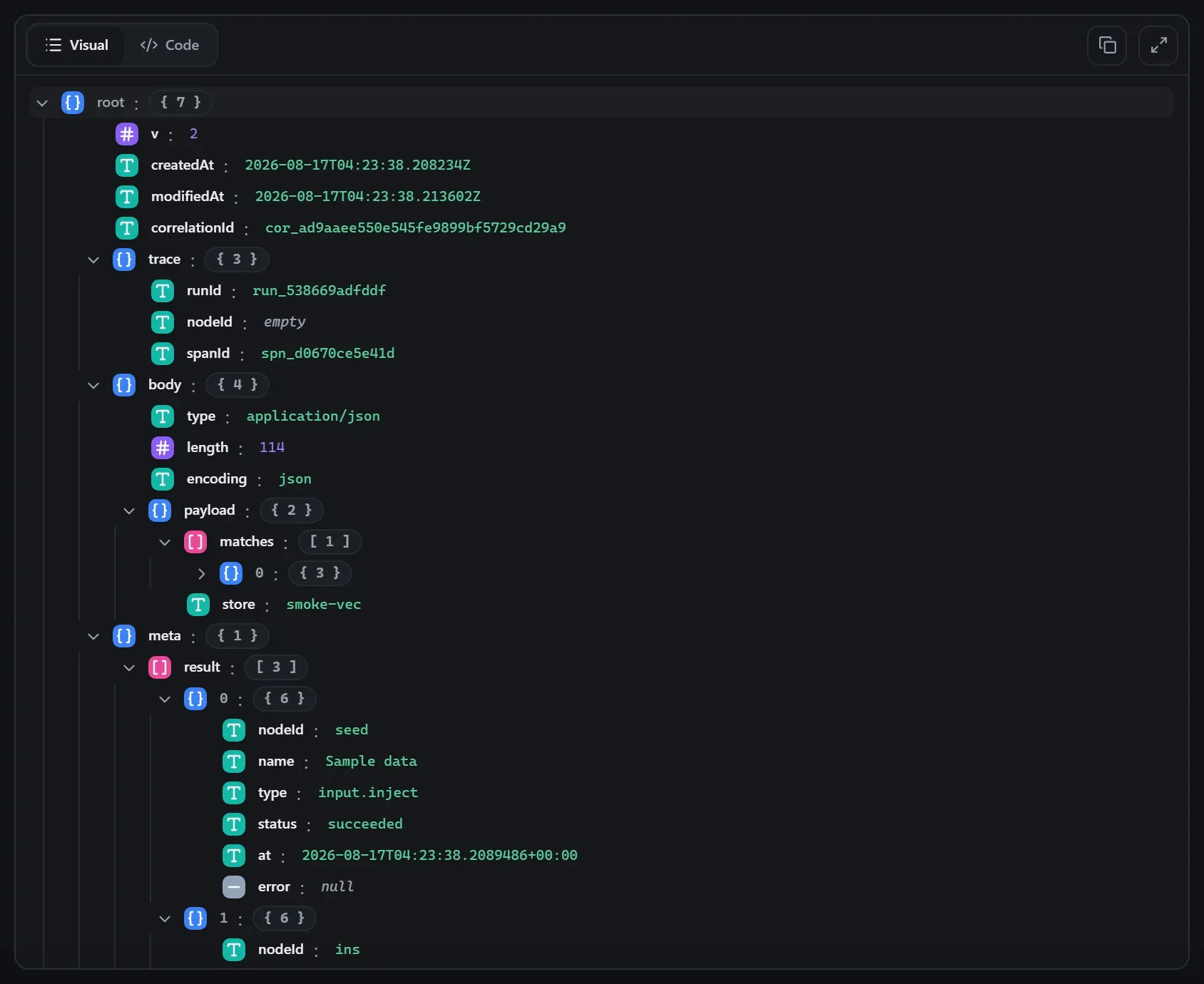 The AI Vector Store node's output envelope in the run data viewer