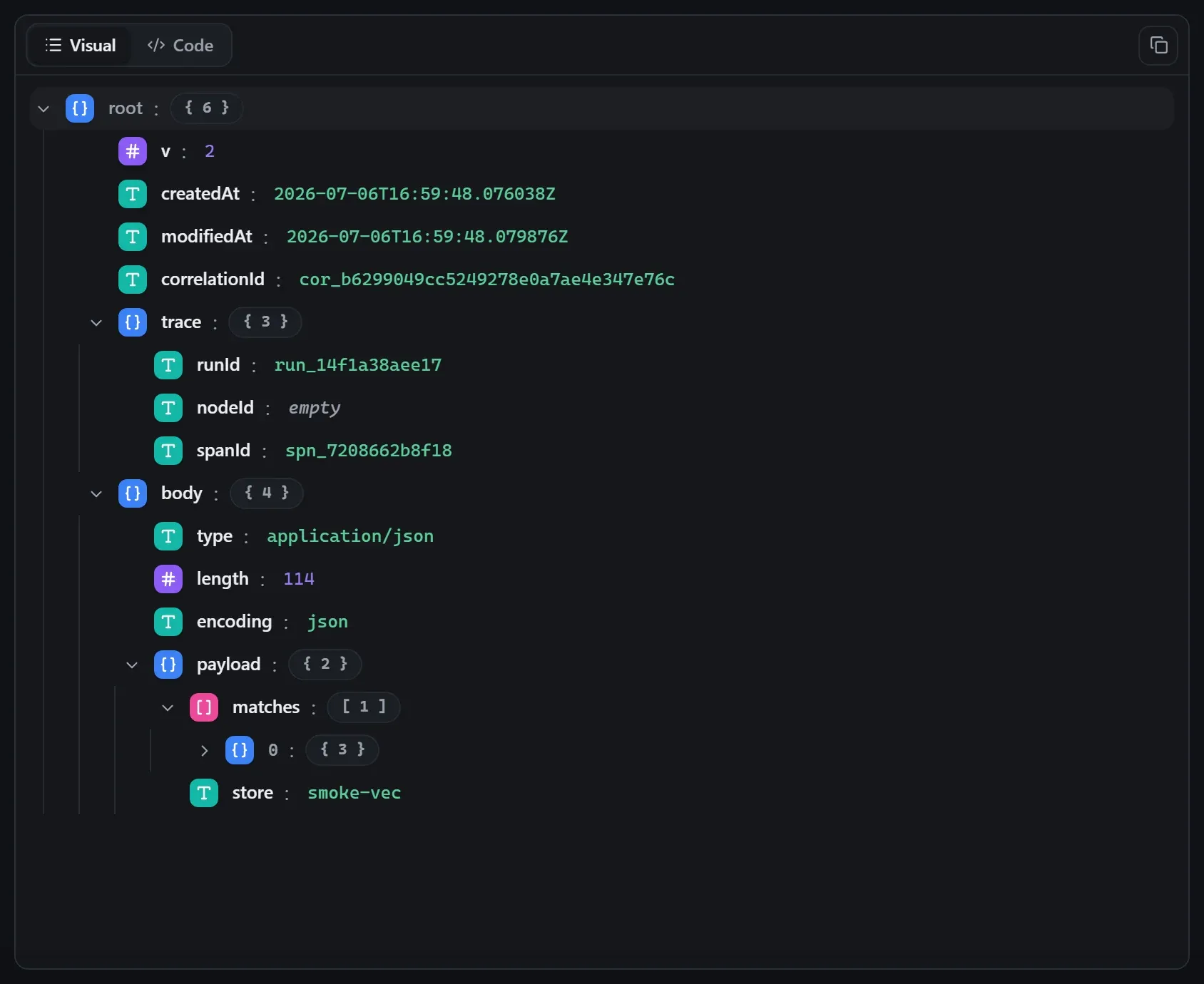 The AI Vector Store node's output envelope in the run data viewer