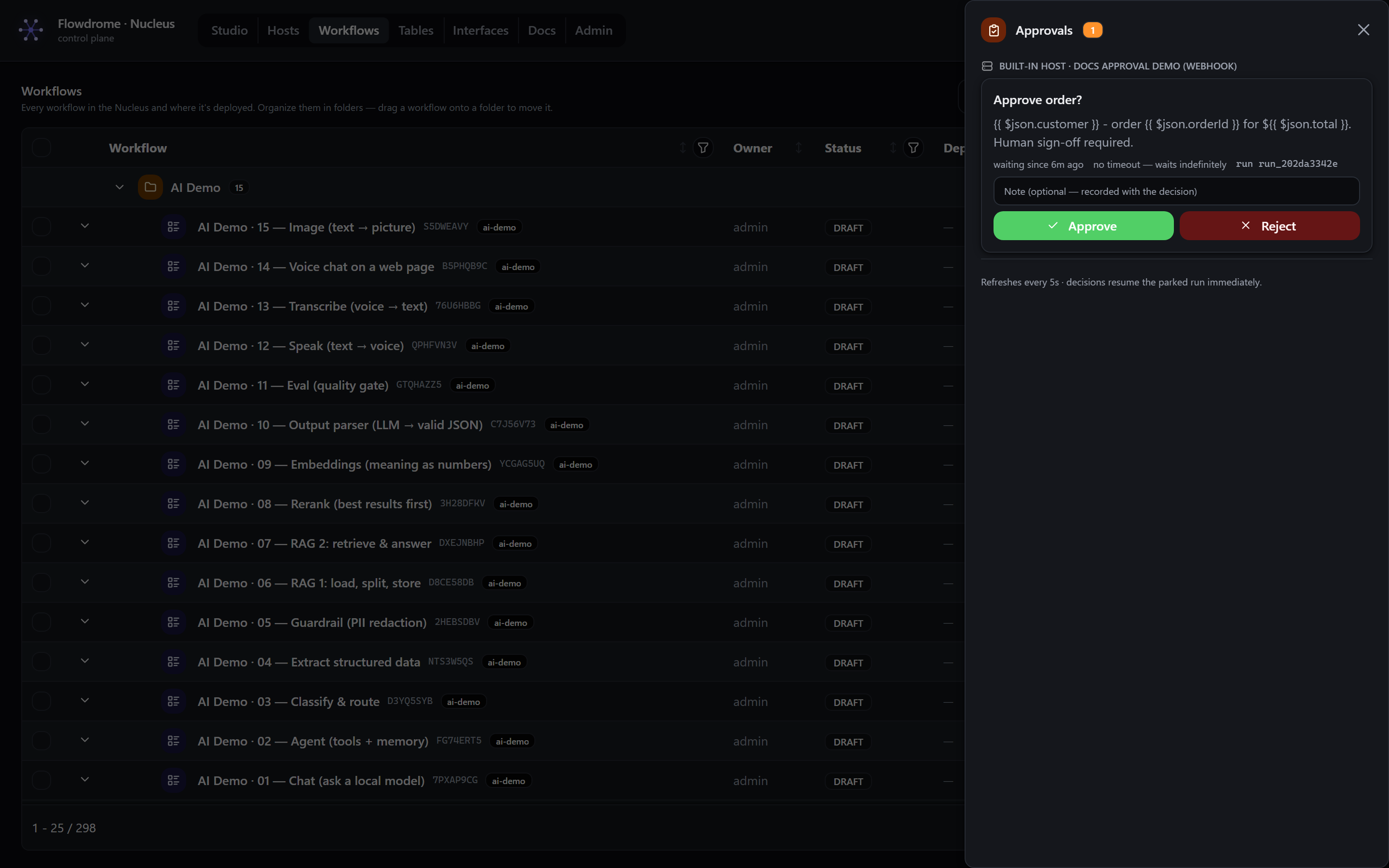 The fleet-wide approvals inbox showing a pending order approval card with Approve and Reject buttons