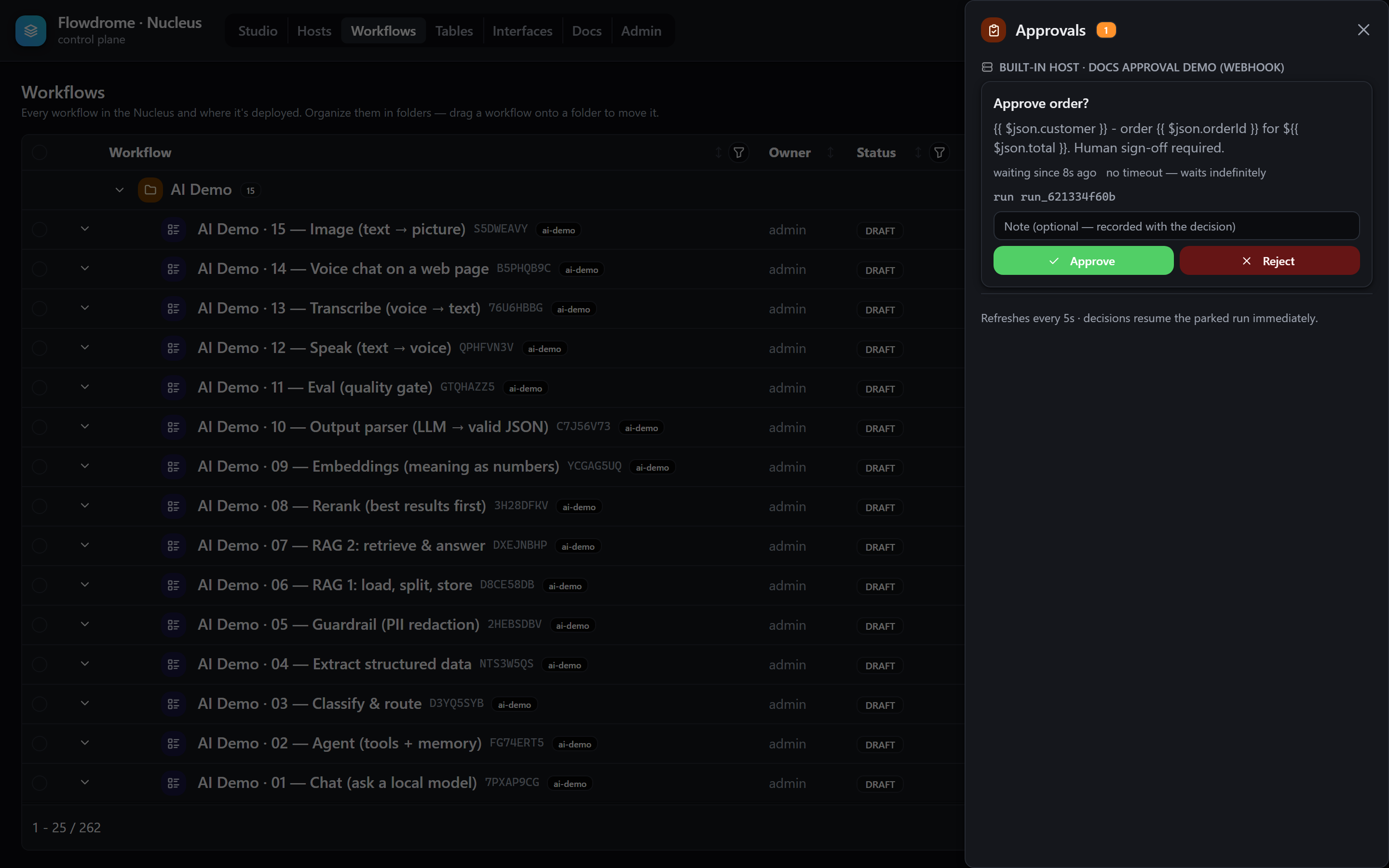 The fleet-wide approvals inbox showing a pending order approval card with Approve and Reject buttons