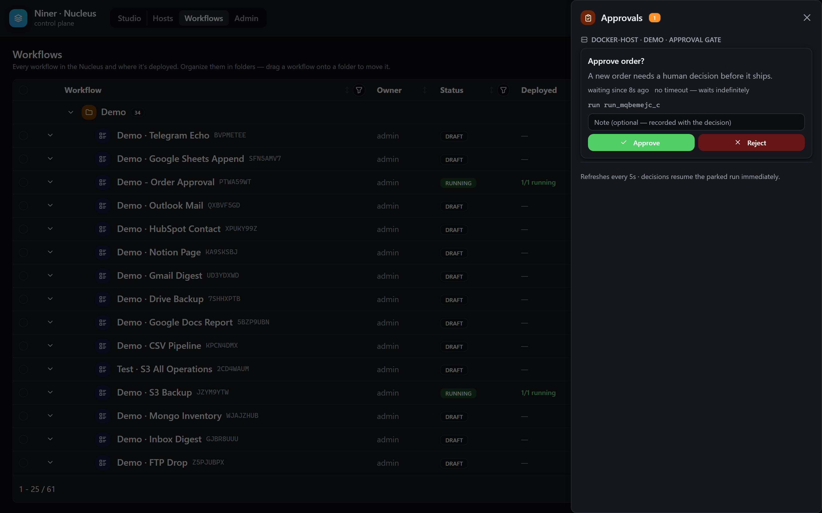 The fleet-wide approvals inbox showing a pending order approval card with Approve and Reject buttons