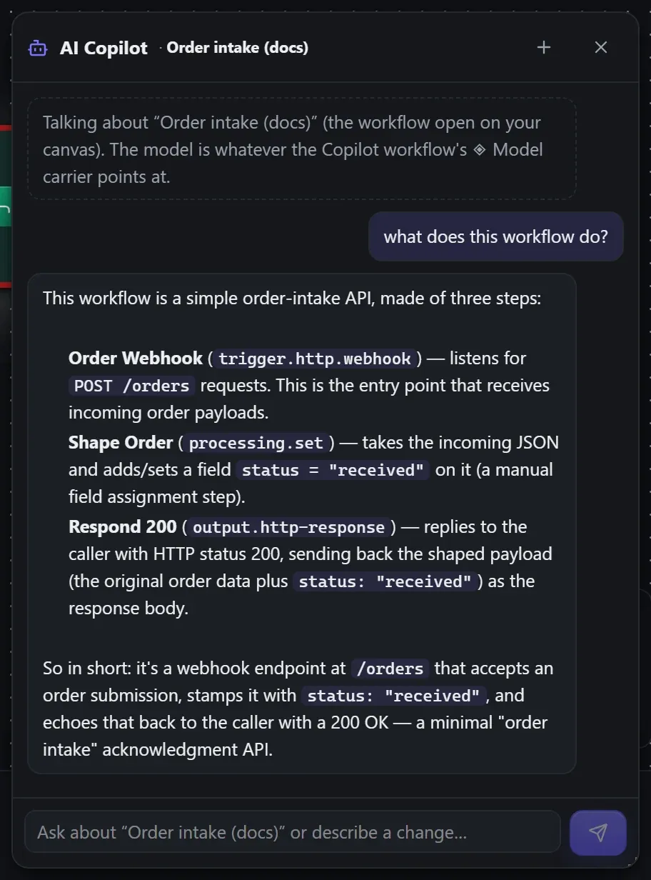 A completed Copilot answer about the open workflow