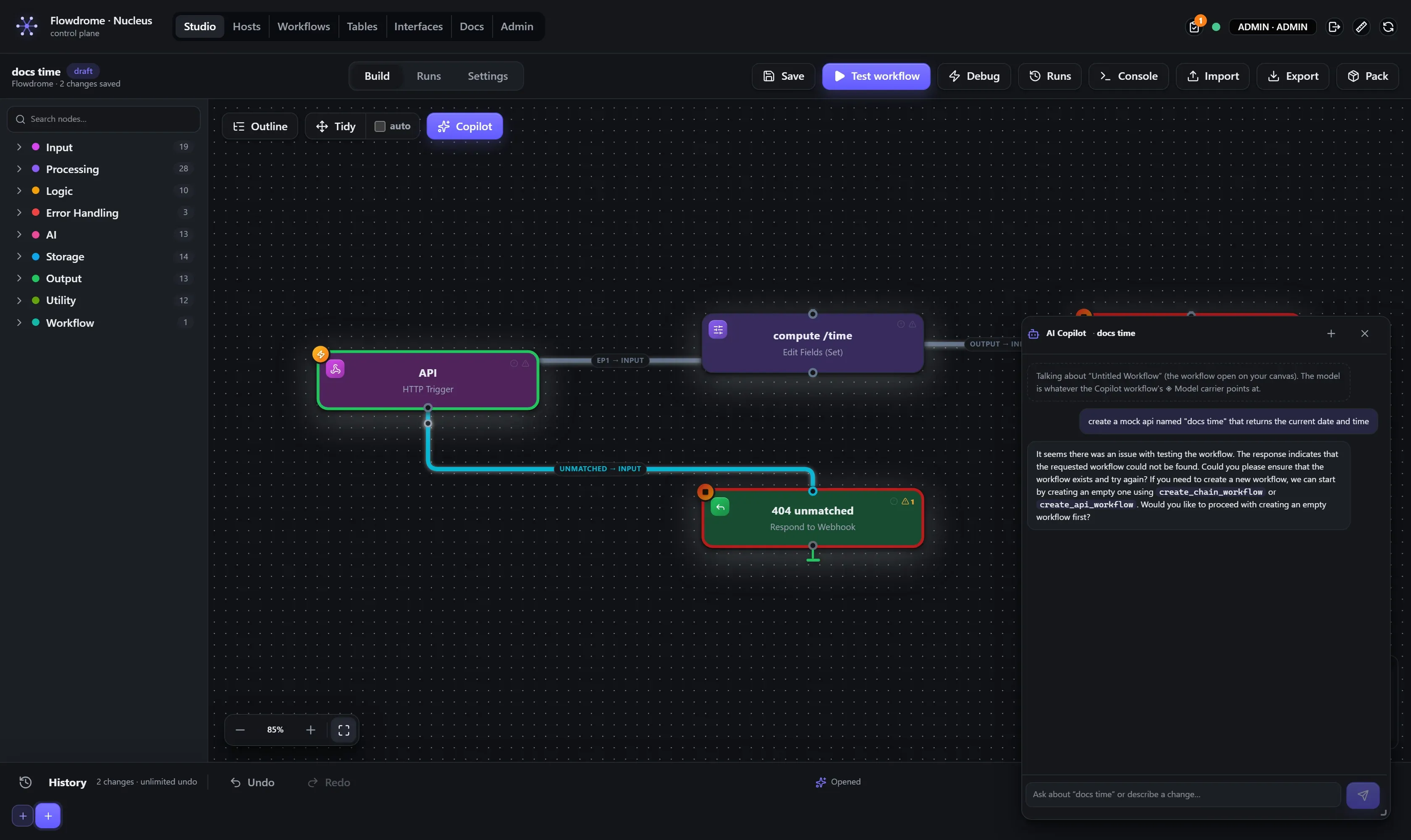 A mock API built onto an empty canvas by the Copilot