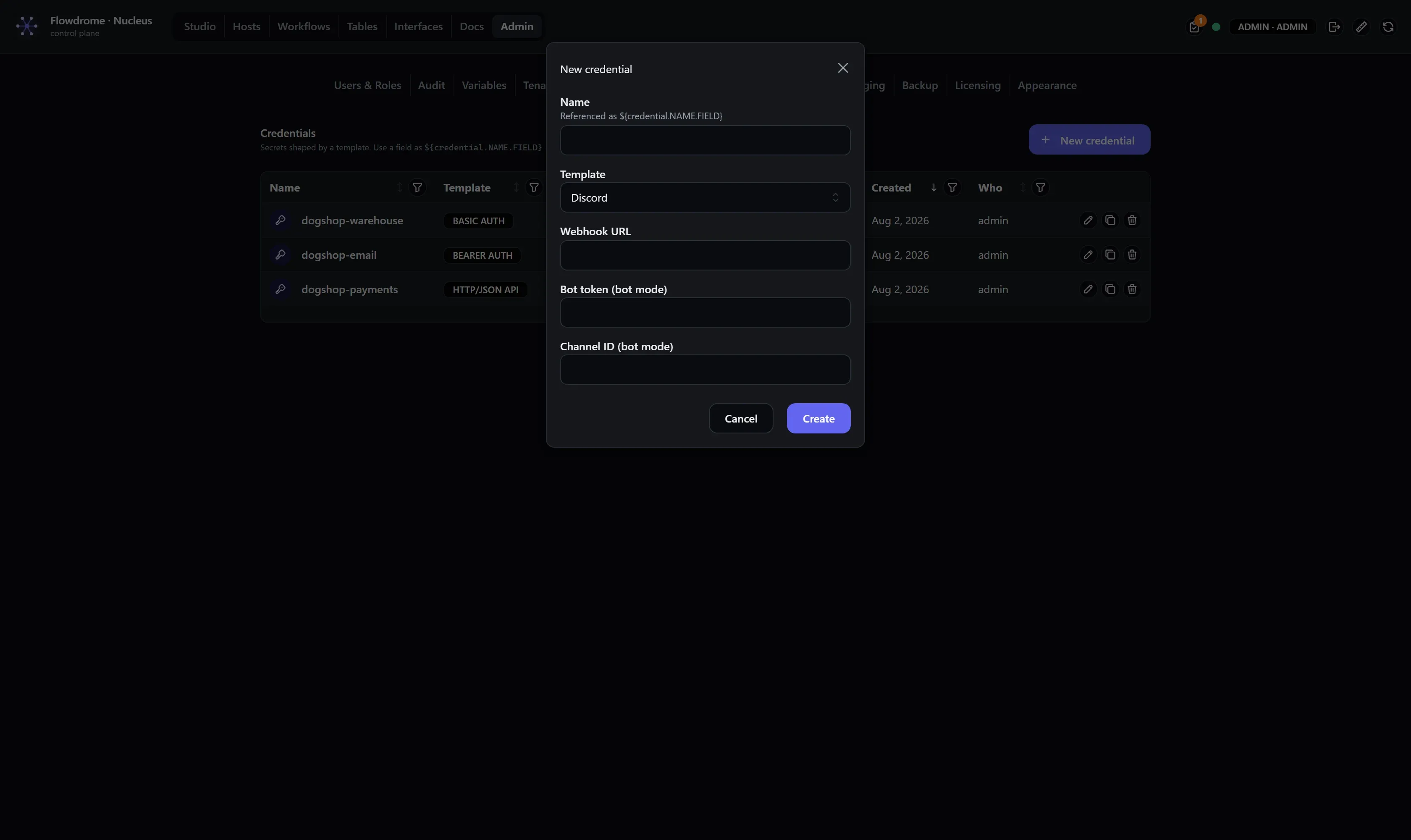 The new credential modal with the template selector