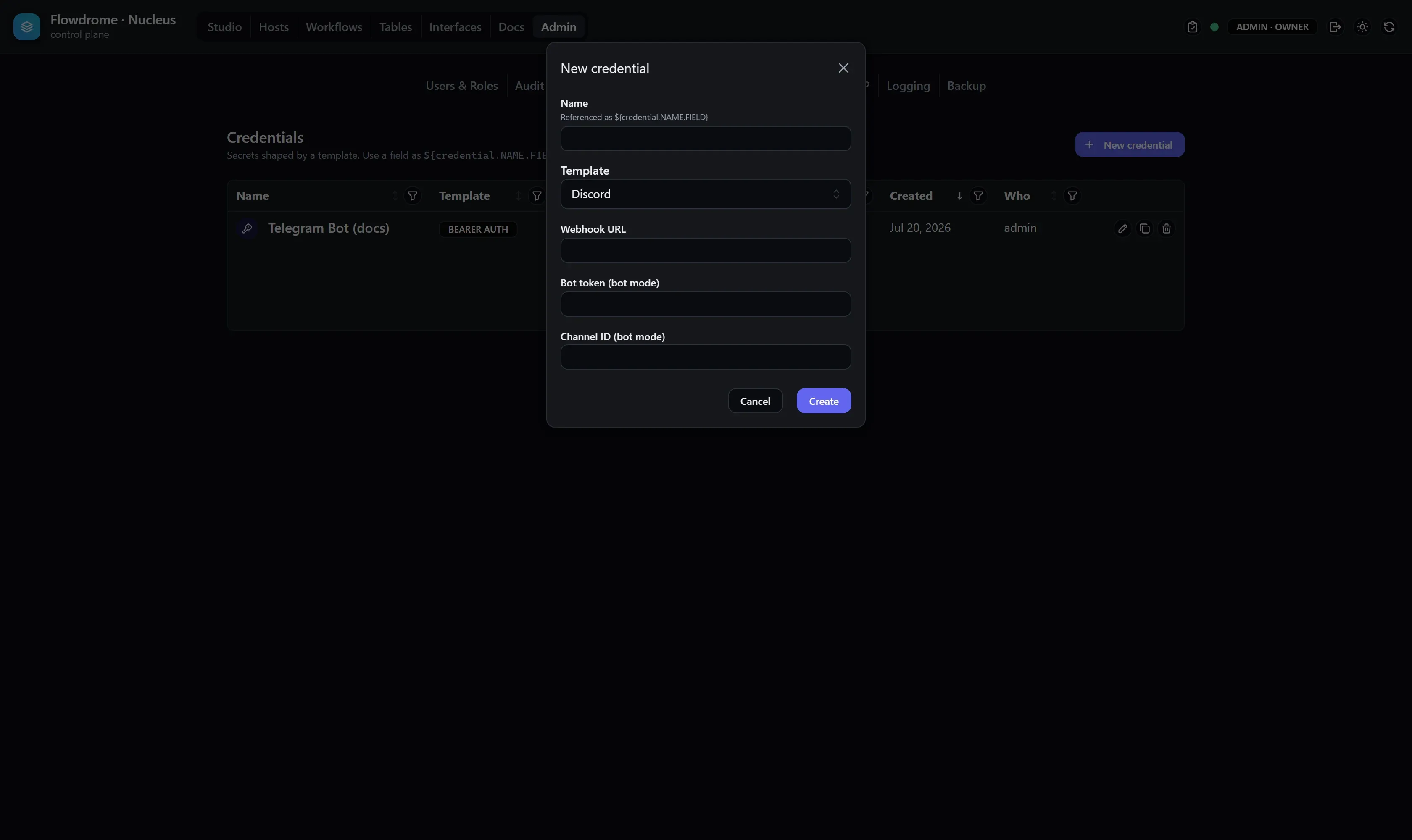The new credential modal with the template selector