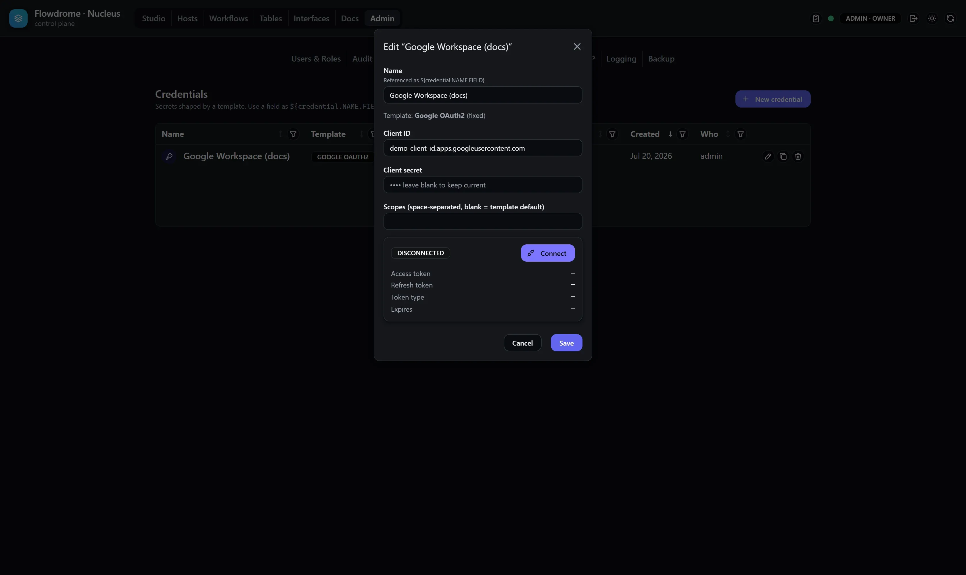 Editing the google-oauth2 credential with masked secrets and a Connect button