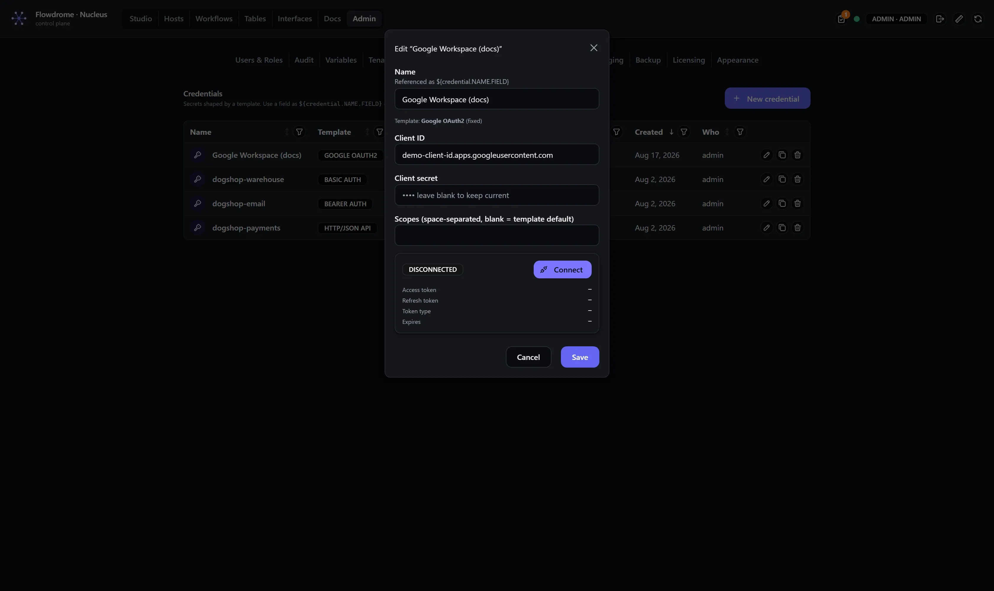 Editing the google-oauth2 credential with masked secrets and a Connect button