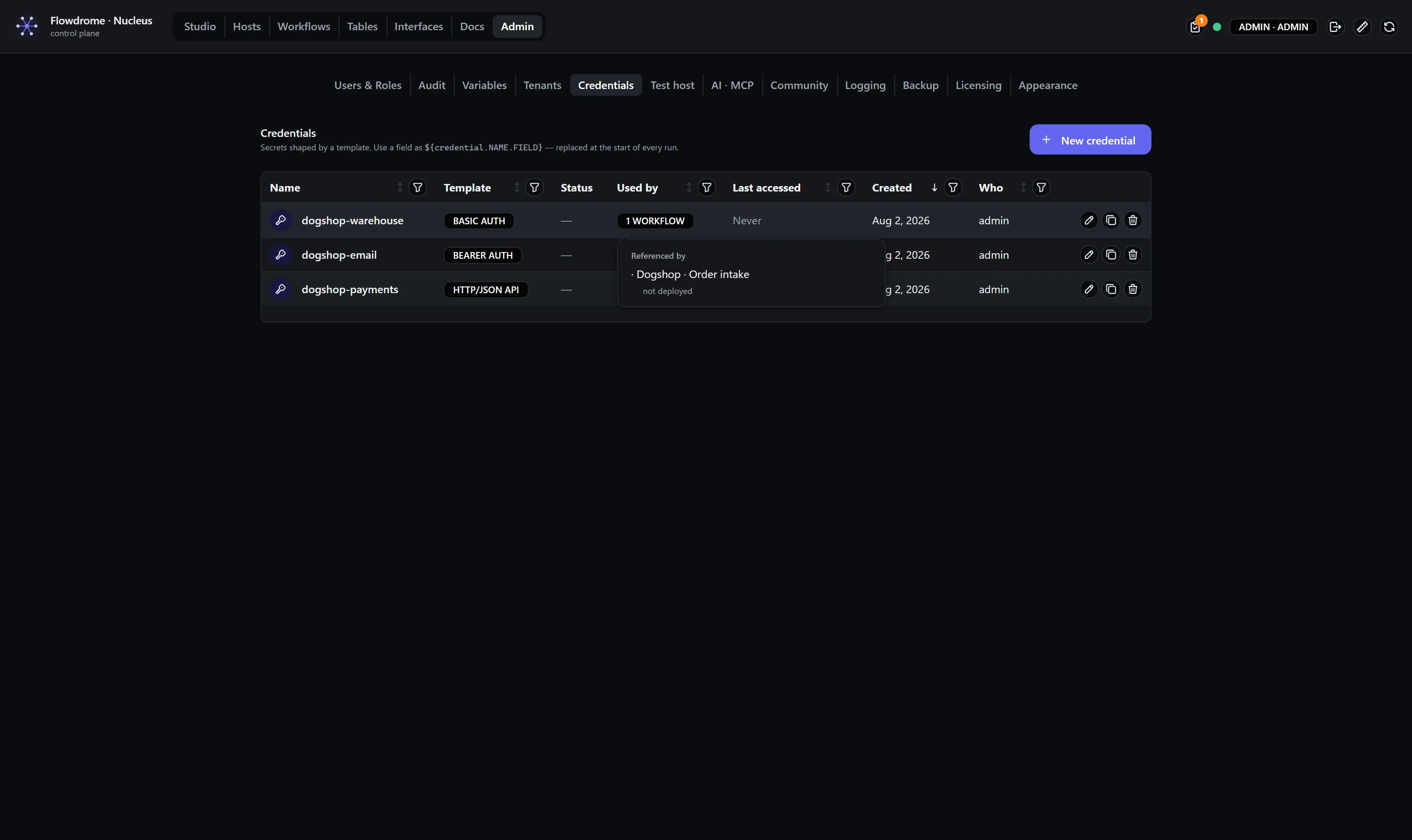 The Used-by popover on the credentials table