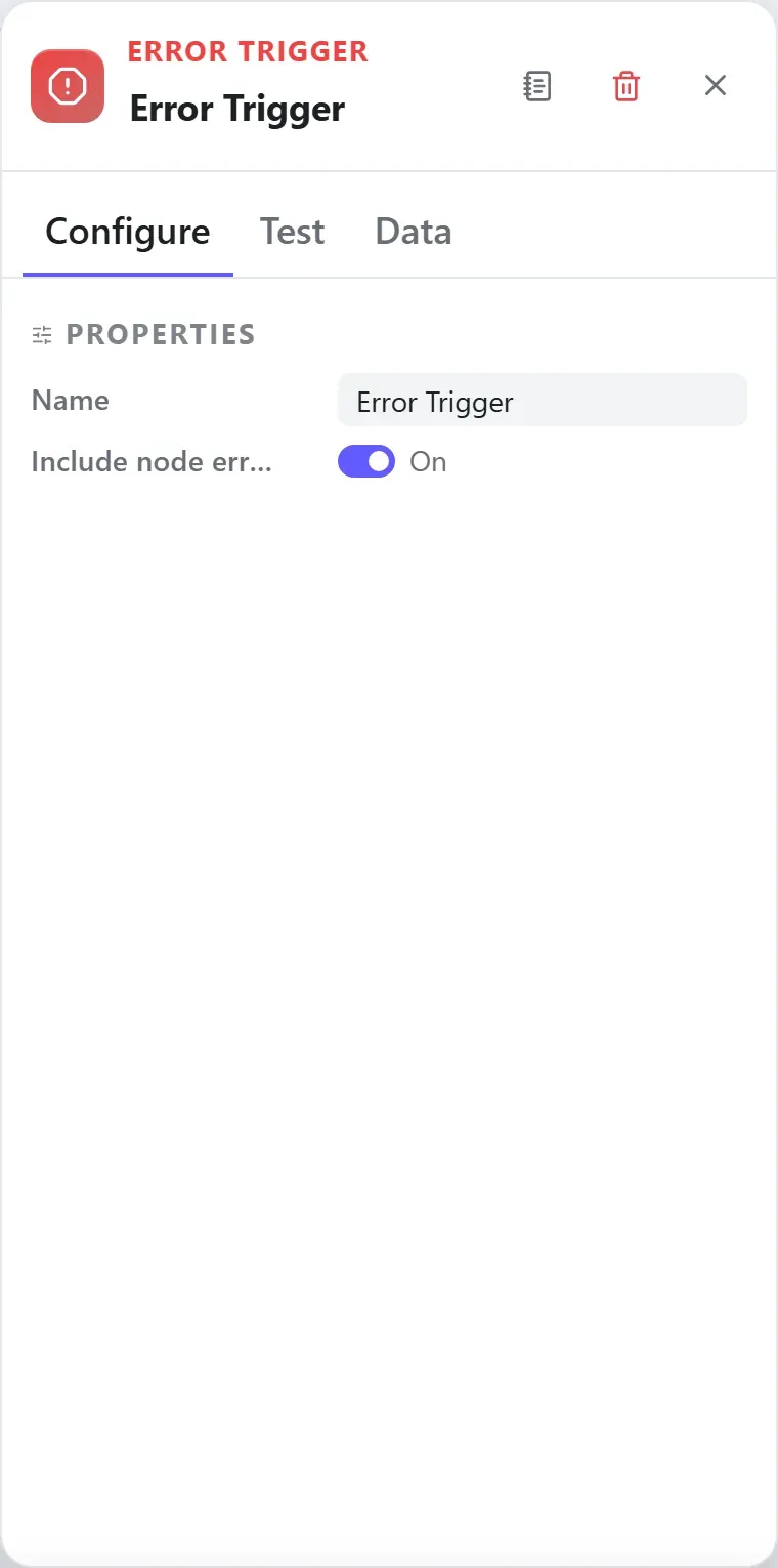 The Error Trigger node's settings in the Studio builder