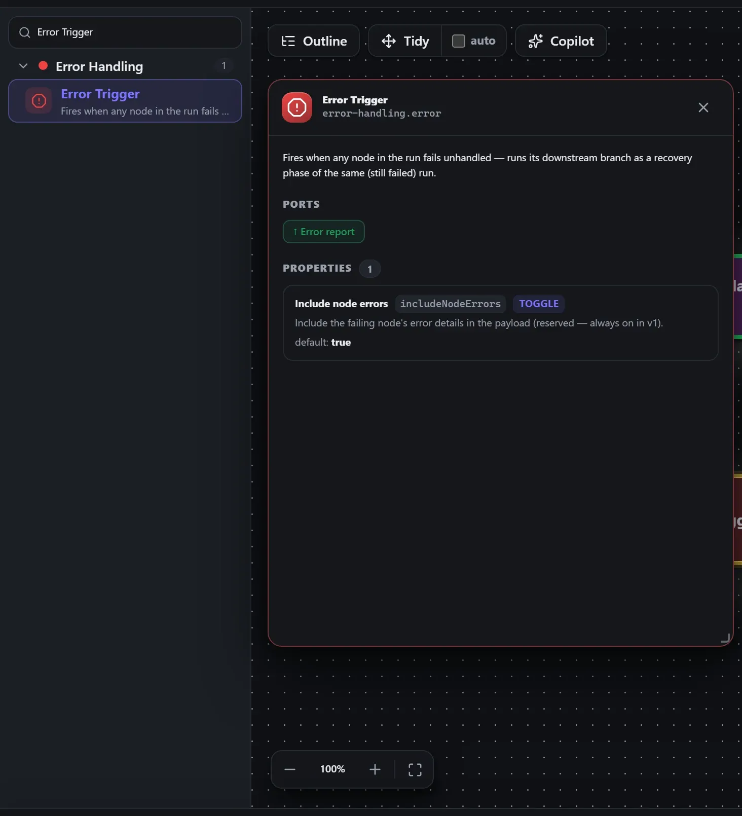Error Trigger in the node library, with the in-editor docs panel open