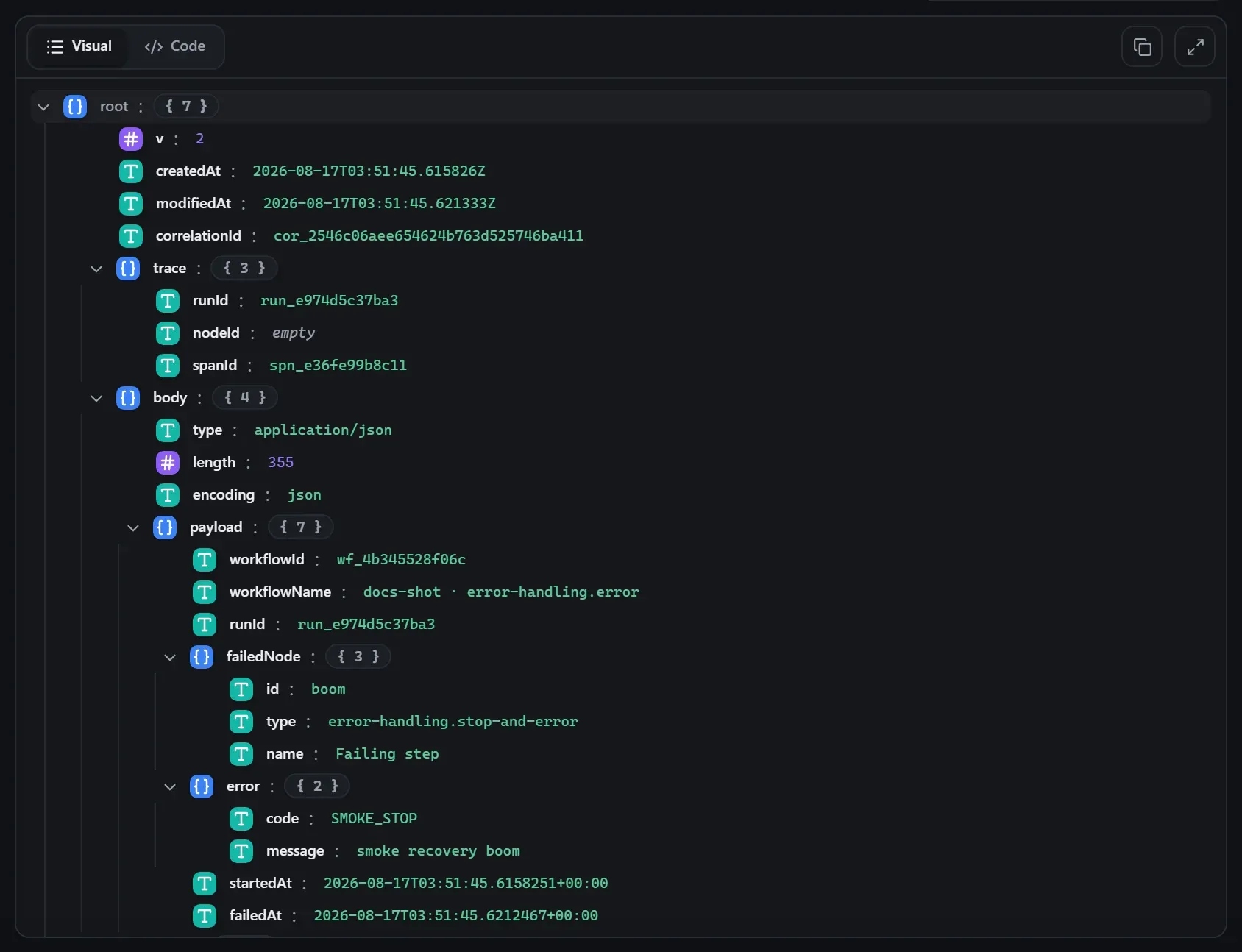 The Error Trigger node's output envelope in the run data viewer