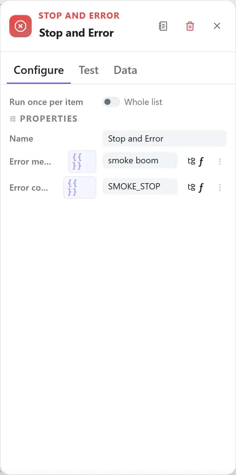 The Stop and Error node's settings in the Studio builder